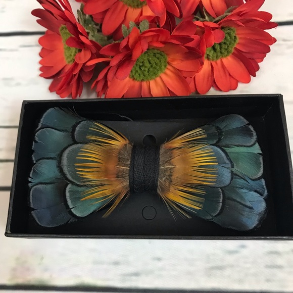 Handmade Blue and Golden Feather Bow Tie Boutonnière Lapel Pin Set - Picture 4 of 11